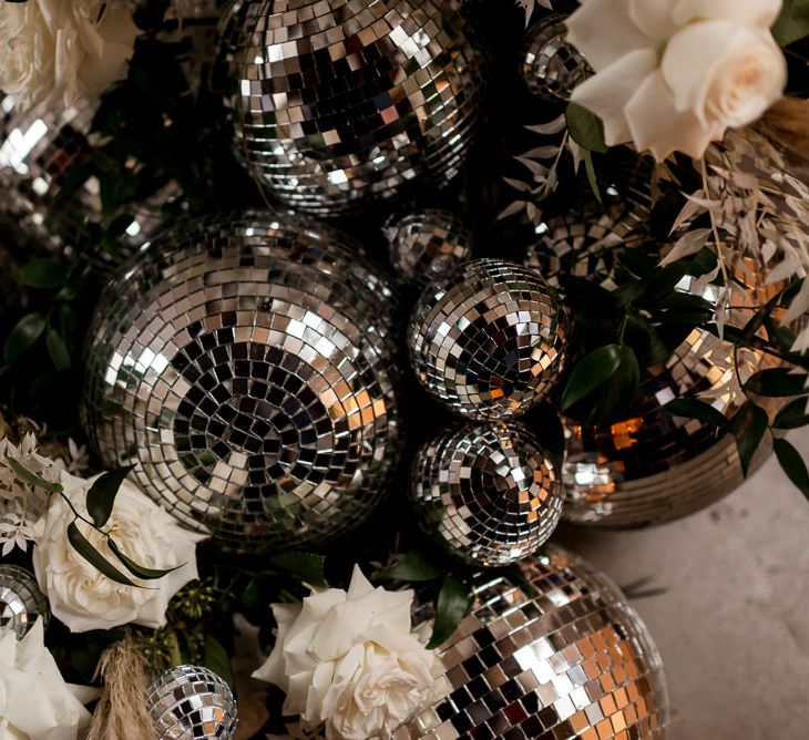 Pampas grass and disco ball wedding decor