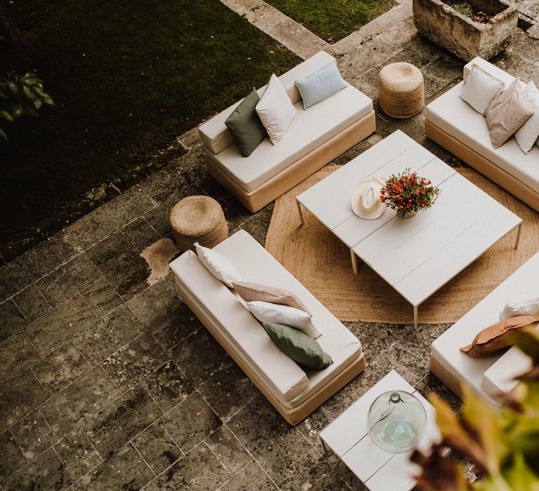 Birdseye view of outdoor table and sofas