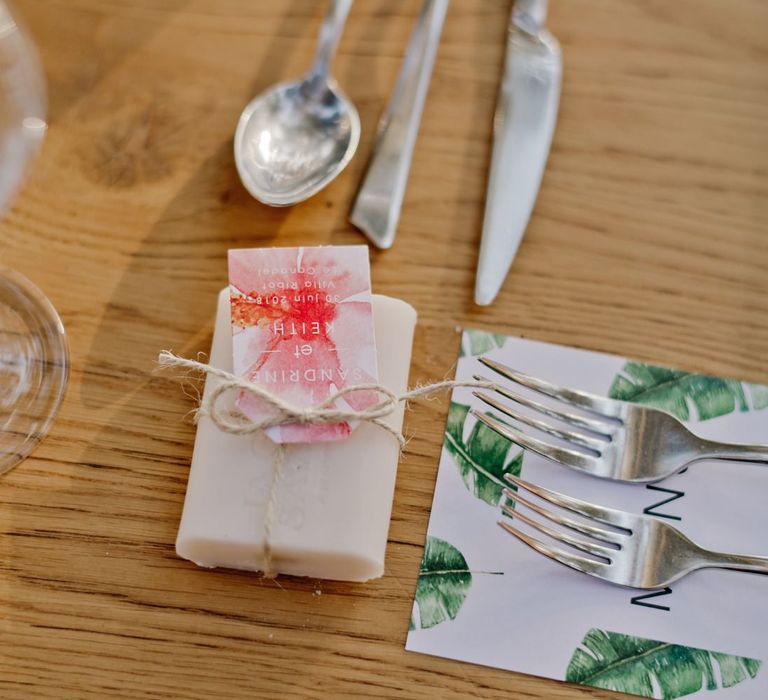 Personalised wedding favours with orange and pink label