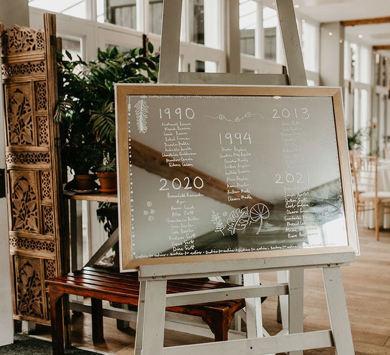 Mirror table plan with white writing set on wooden easel 