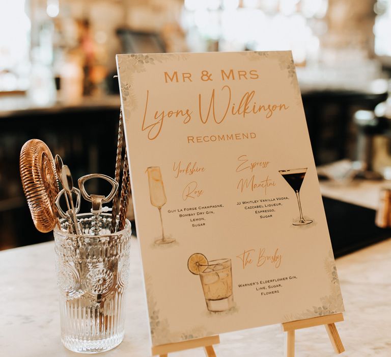 Wedding signature cocktail sign with watercolour illustrations on mini wooden easel 