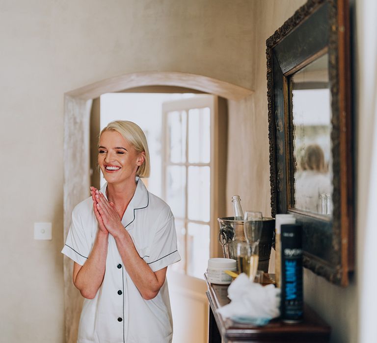 bride in white satin wedding morning pyjamas 