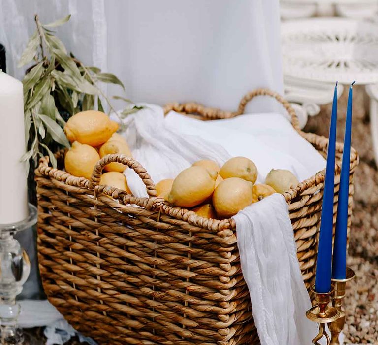 wicker basket of lemons for Italian-style wedding decor 