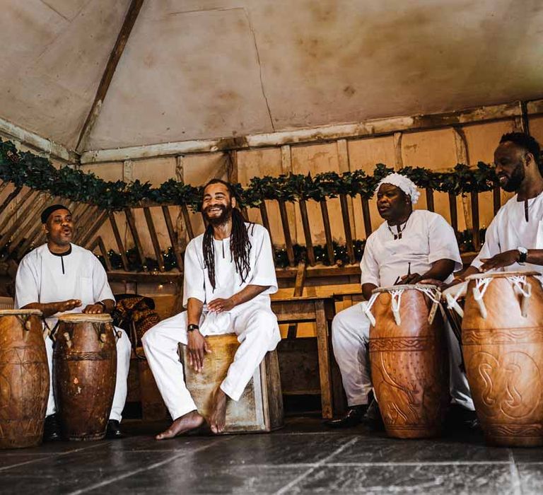 Live wedding music - Ghanaian drummers performing during wedding reception at Lains Barn