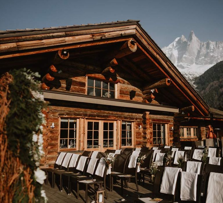 Outdoor wedding ceremony space at La Cabane Des Praz wedding venue at French destination ski wedding