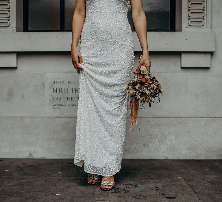 Sequin wedding dress and sparkly shoes for Town Hall wedding 