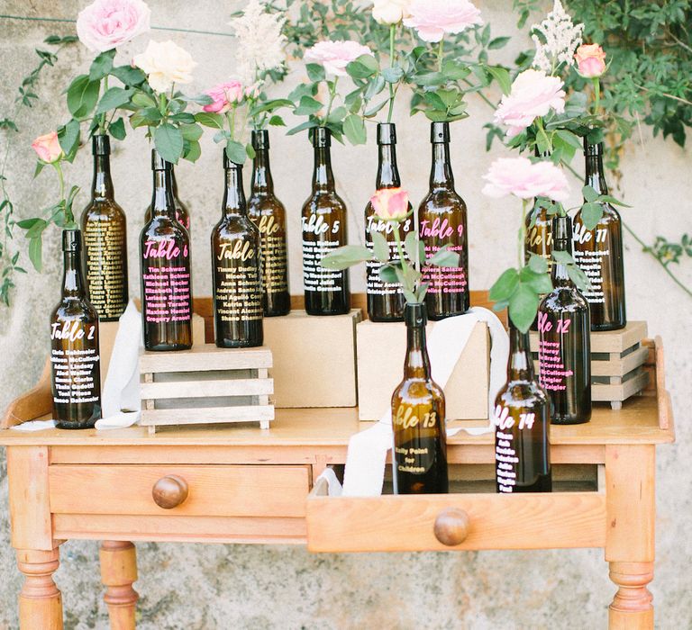 Wine bottle table plan with flower stems in 