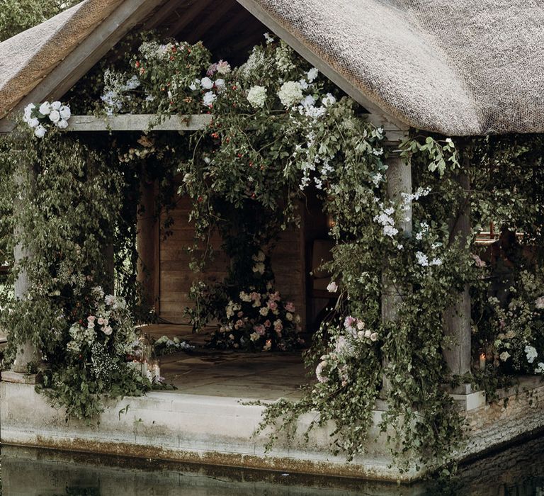 Euridge Manor Orangery wedding with pink and white rose, dahlia and hydrangea floral installation