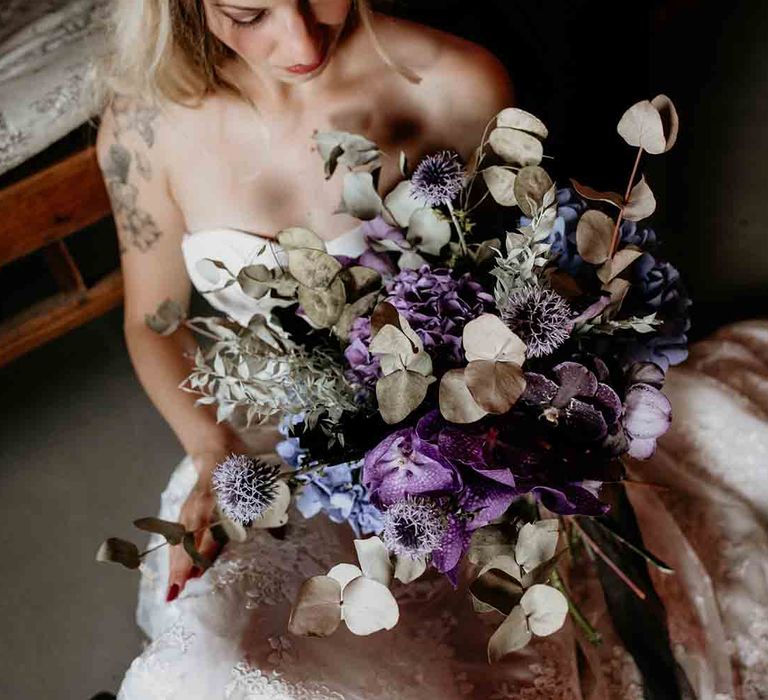 Purple and blue Hydrangea wedding flowers bouquet for bride