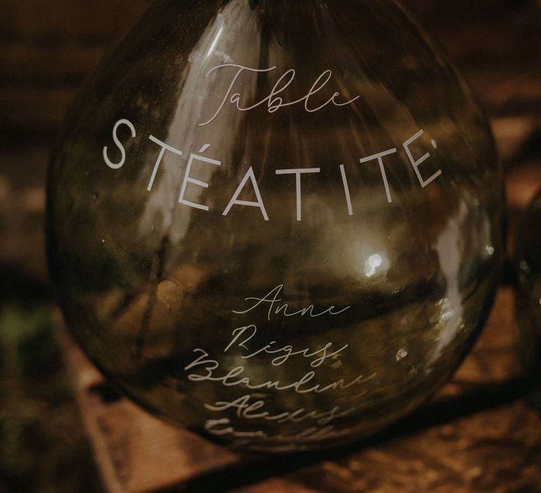 Green apothecary jar written on with white ink for table plan decor 