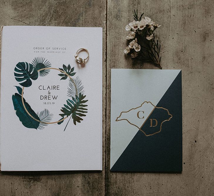 Green and gold botanical wedding order of service stationery photographed by Recommended Supplier Jason Mark Harris