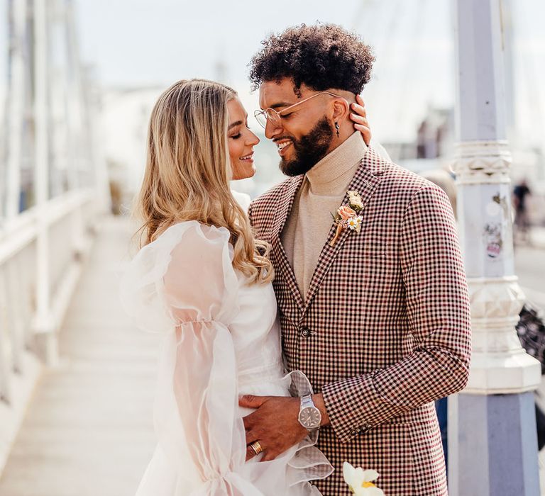 Intimate micro wedding portrait on Albert's bridge in Chelsea, London