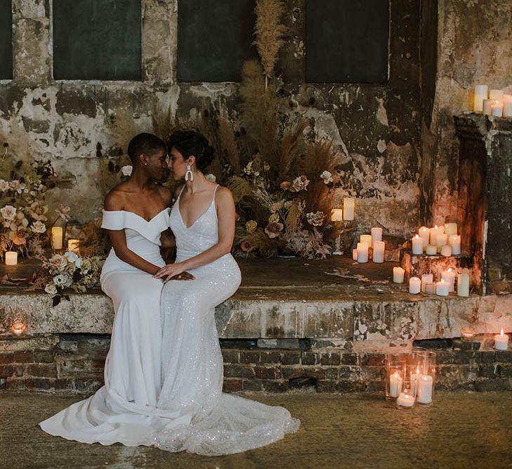 Romantic altar wedding ceremony decor with pillar candles and dried flowers 