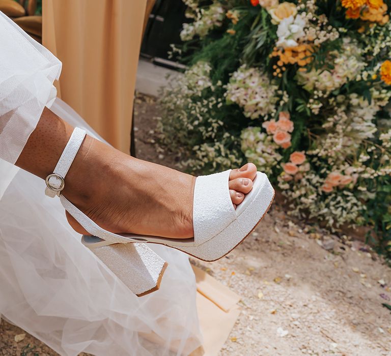 White sparkly platform wedding shoes with ankle strap 