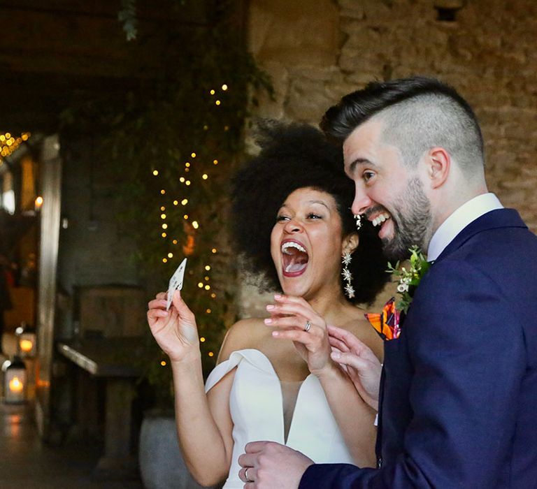 Bride laughs on her wedding day