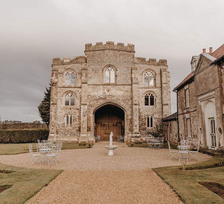 Traditional Pentney Abbey courtyard on the morning of wedding day 