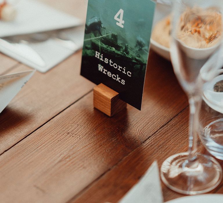 Wedding table name sign resting on wooden holder 