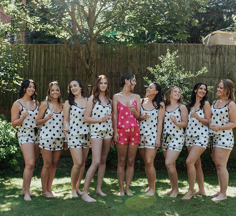 bridal party in matching polka dot short pyjamas 