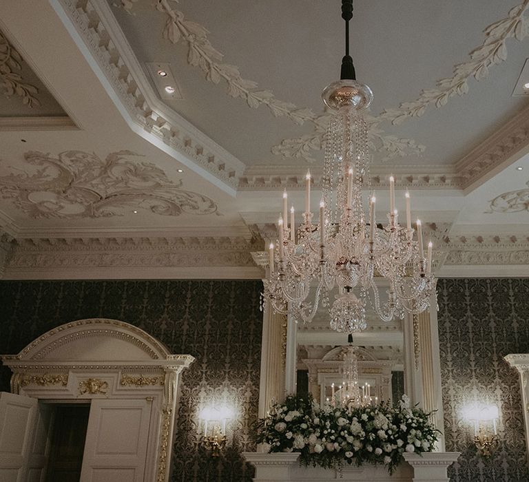 Luxury hotel wedding venue in London with grand chandelier 