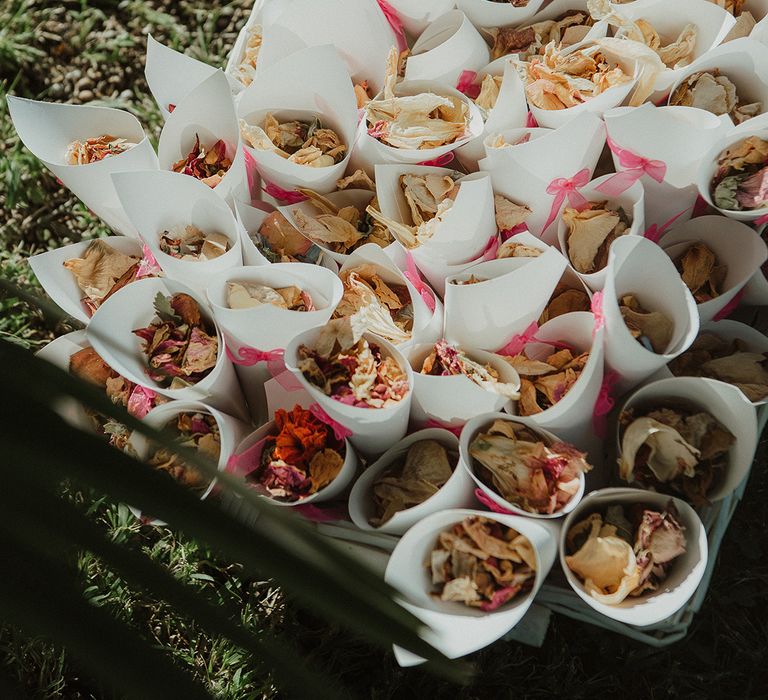 confetti cones filled with dried flower petals