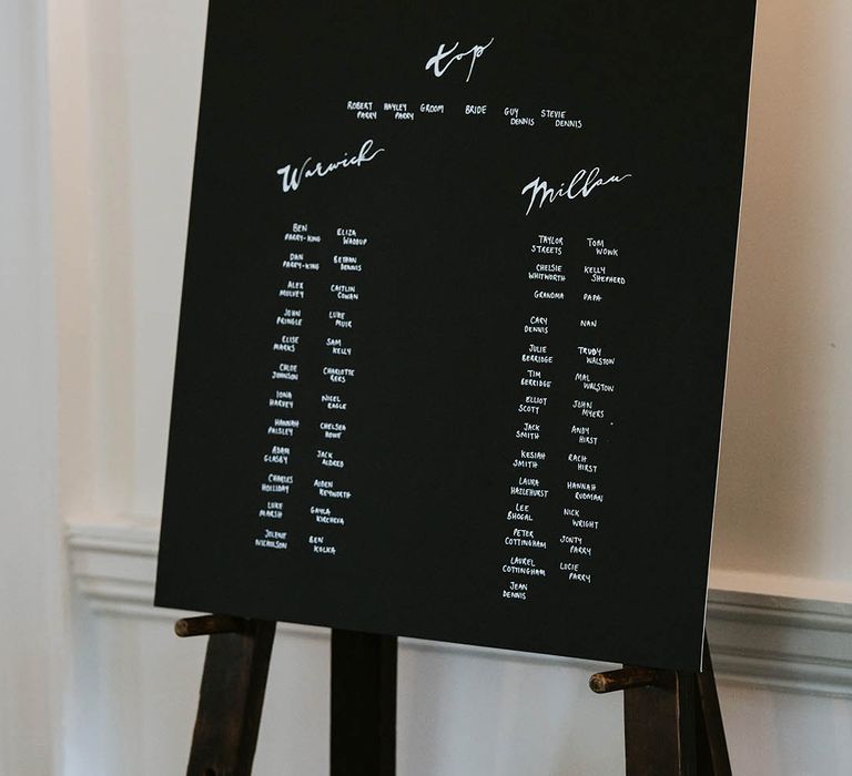 Black and white wedding table plan and seating chart 