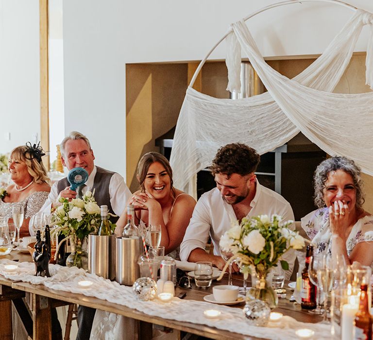 Top table at wedding venue with the bride and groom sitting with family as they listen to the wedding speeches 