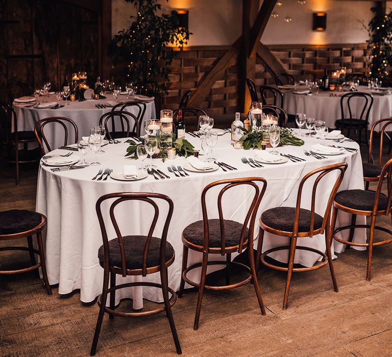 Barn wedding with simple rustic tablescape for winter Christmas wedding 