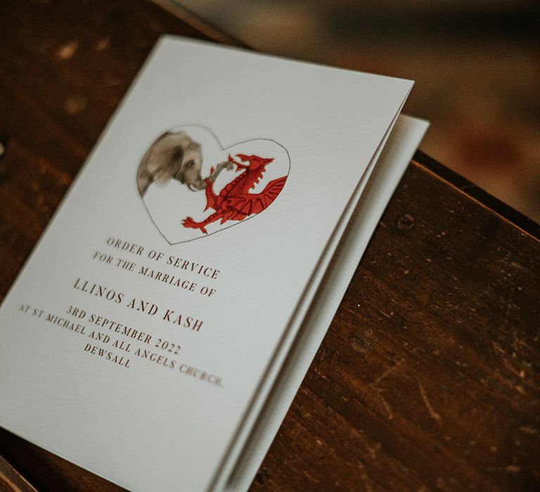 Wedding order of service booklet with custom wedding logo to represent the bride and groom's cultures 