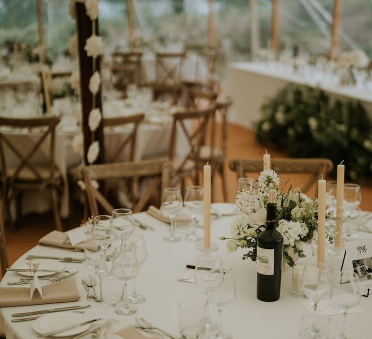 White wedding tablescape for classic marquee wedding breakfast at Silverholme Manor wedding 