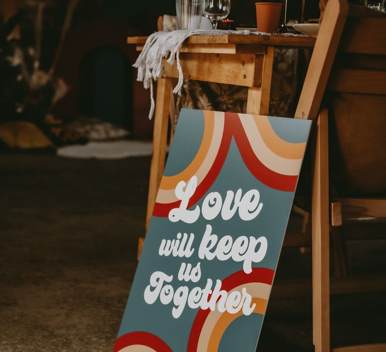 70s retro wedding sign with mustard and teal colours 