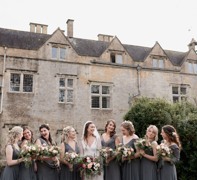 Brympton House wedding bridesmaids wearing grey bridesmaid dresses