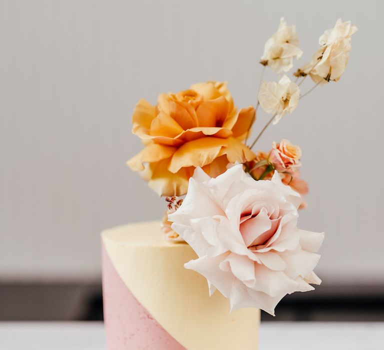 Single tier pink and yellow wedding cake by Sugar Plum Bakes