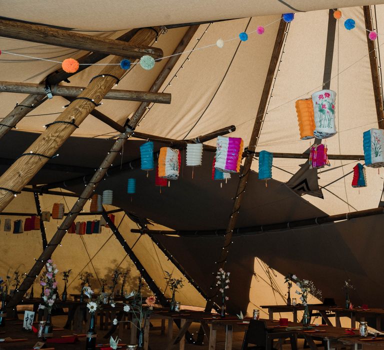 Tipi complete with colourful Chinese lanterns hanging