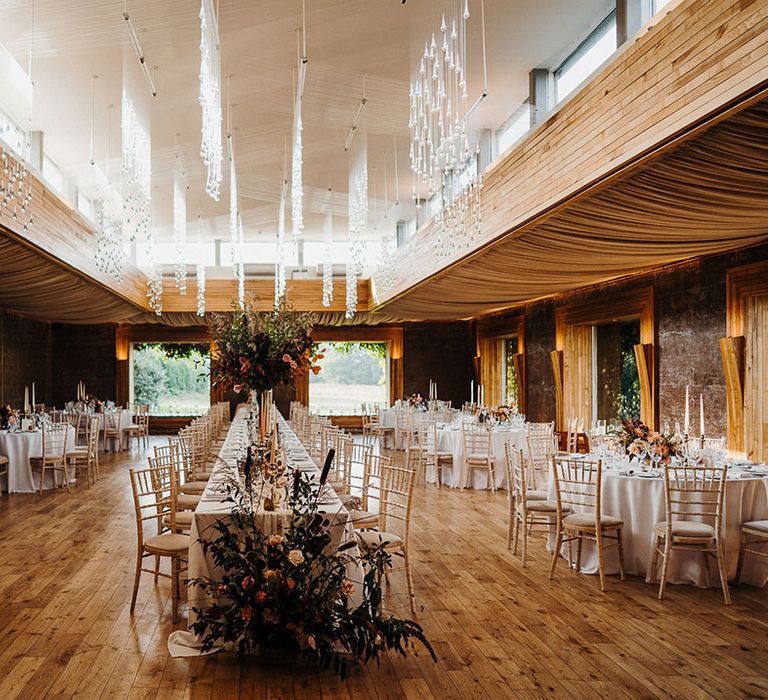 Classic white and autumnal themed wedding reception at Elmore Court