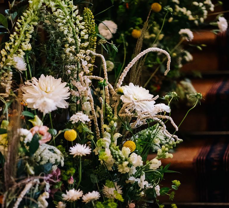 Colourful white, pink and yellow flowers for stairway decoration