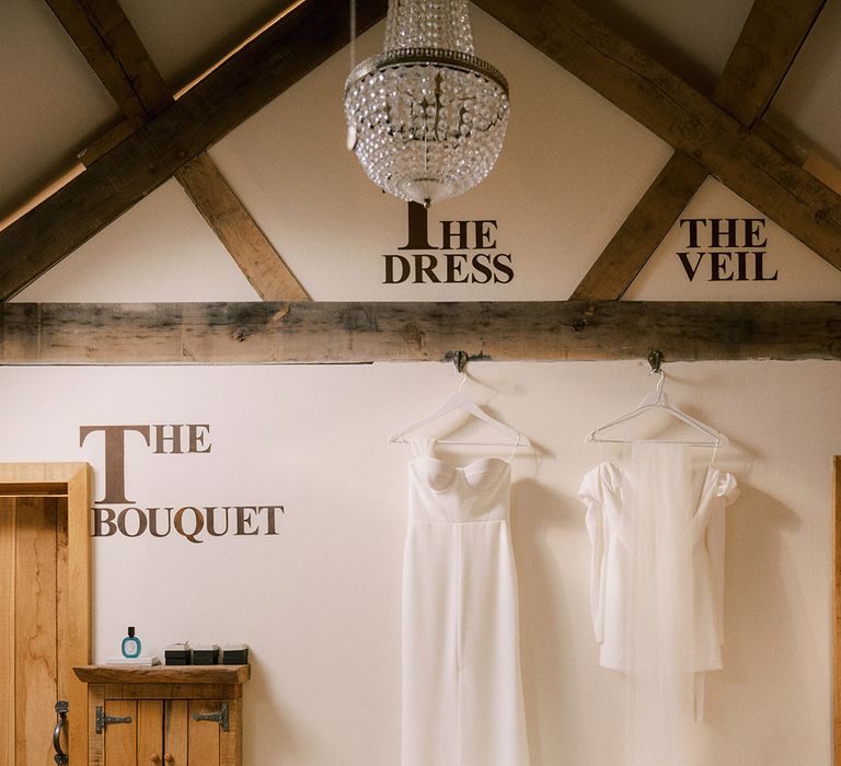 The Tythe Barn wedding venue bridal suite with space for the bride's Bon Bride wedding dress and Jimmy Choo pearl shoes 