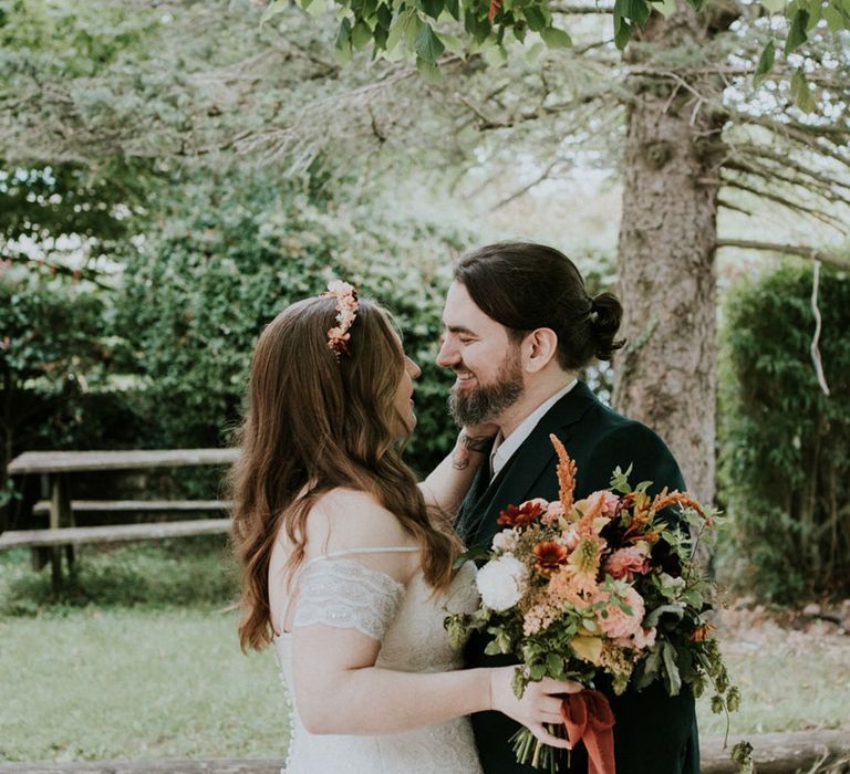 bride and groom first look at bohemian wedding in France