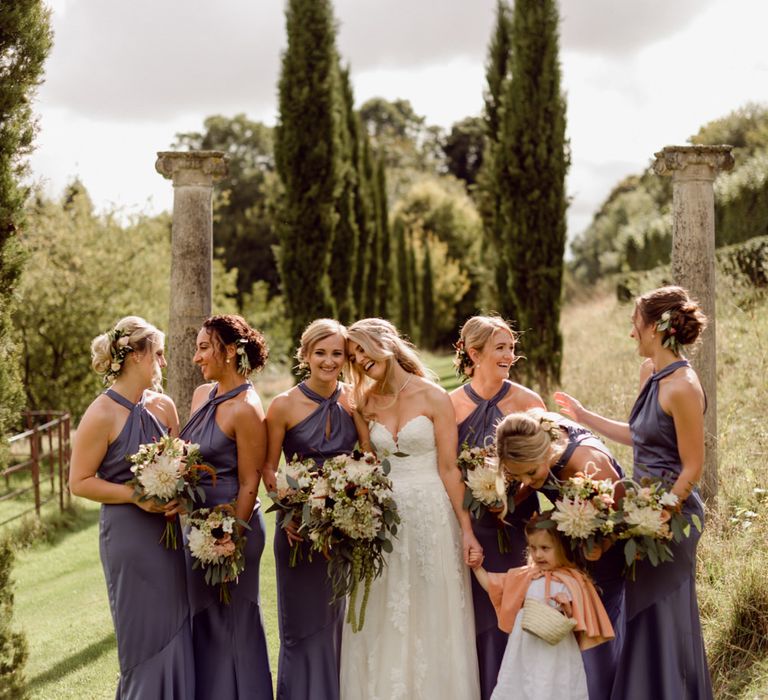 Bridal party in blue dresses