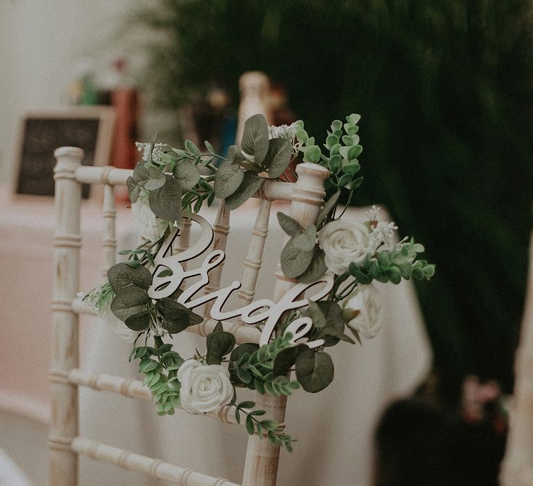 Lasercut Bride wedding hair back sign wrapped in flowers 