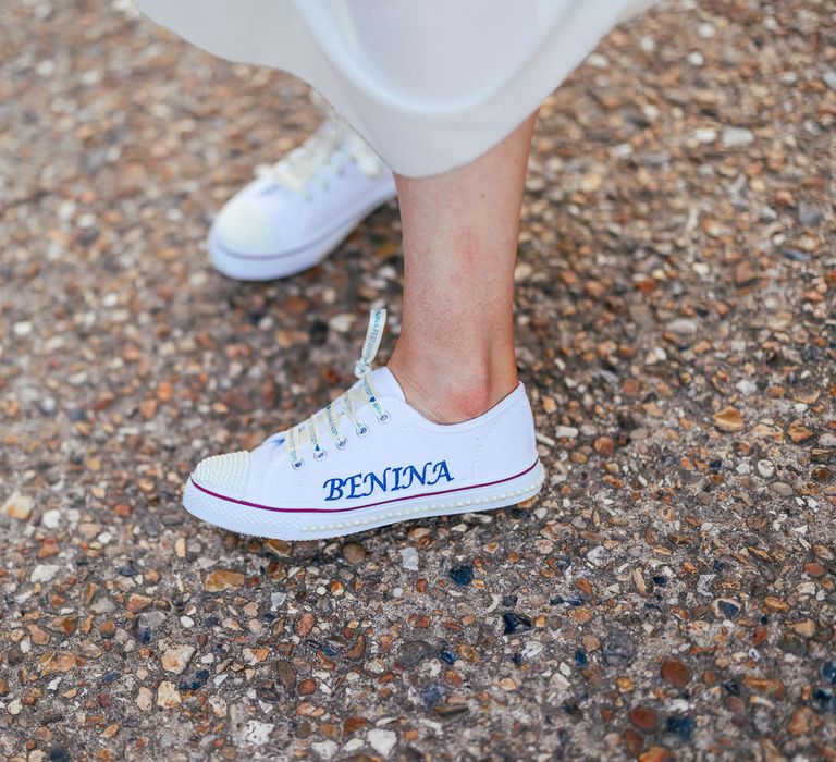 Personalised low white converse with 'Benina' embroidered on the side and pearl detailing