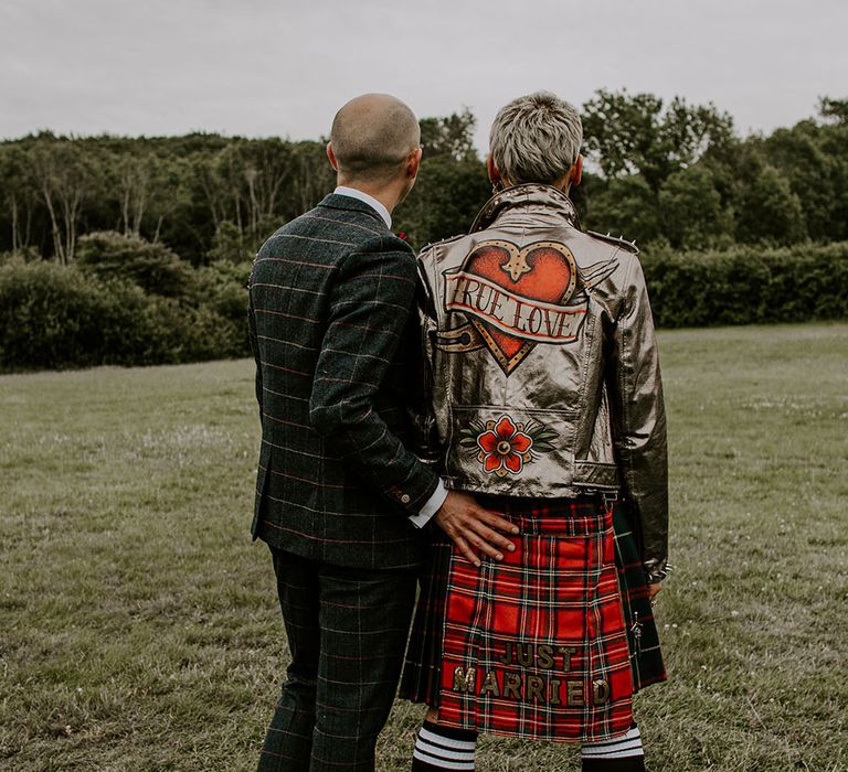 Groom wears personalised gold leather jacket complete with True Love on his wedding day