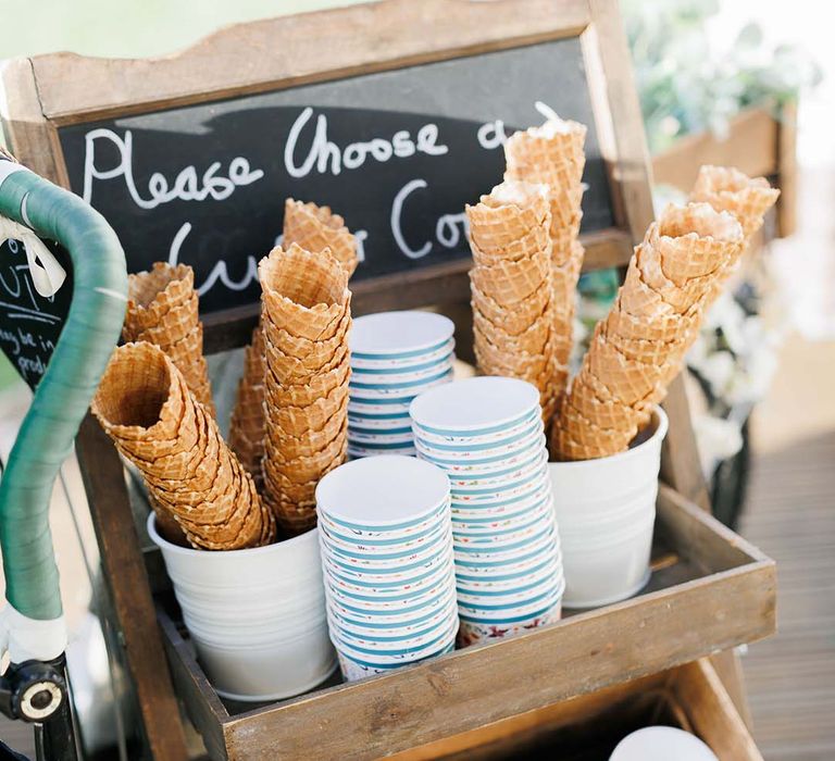 Ice cream cones and tubs wedding food 