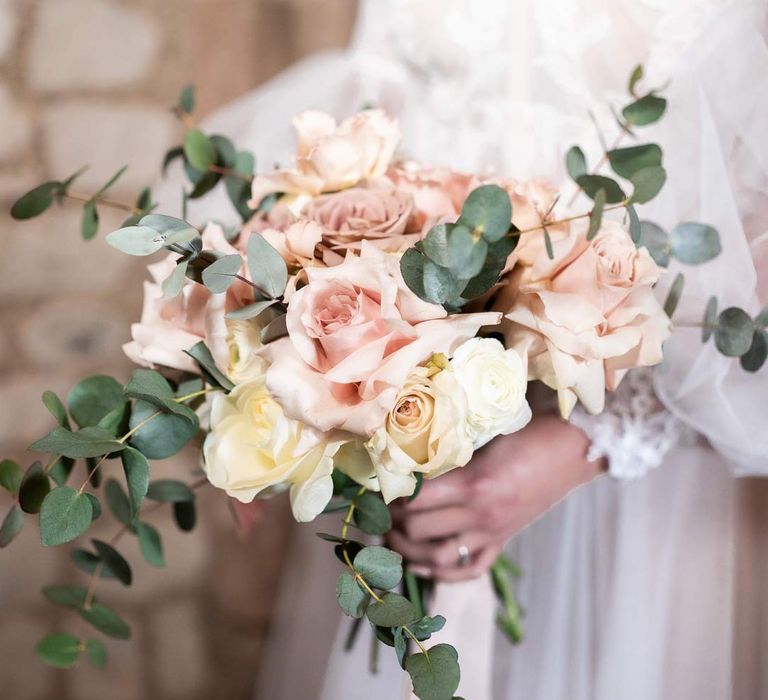 Blush garden rose and eucalyptus bridal bouquet 