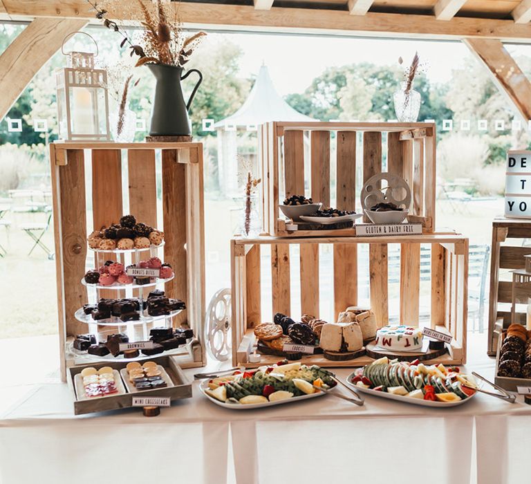 Wedding dessert table for guests at rustic barn wedding, Rackleys Barn in Chiltern Hills 