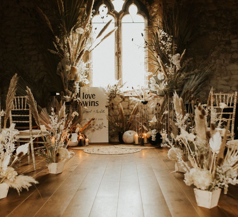 Aisle and altar wedding decor with dried flower decor 