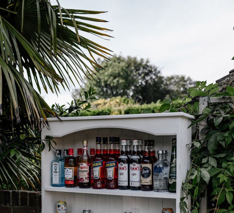 Outdoor wedding decor and bar area