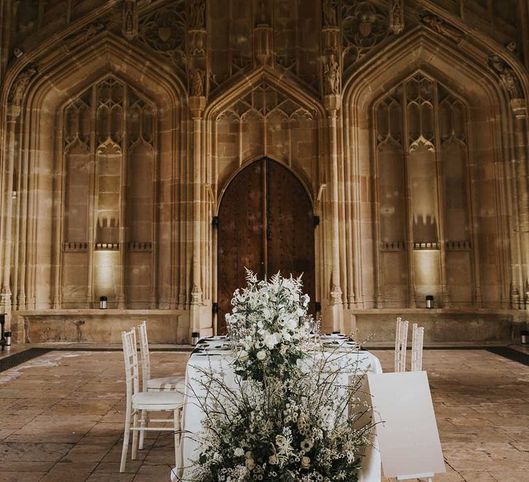 Intimate monochrome wedding at Bodleian Library with black and white table decor and flowers 