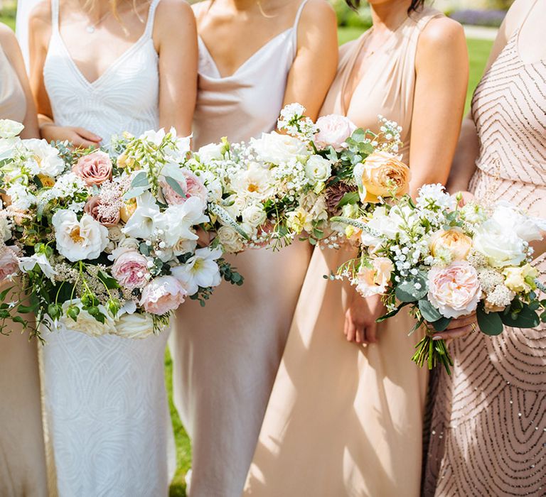 White and pink summer wedding bouquet for bride and bridesmaids 