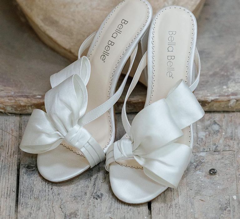 Block heel white wedding mules with half bow detail from Bella Belle Heart & Soul Collection