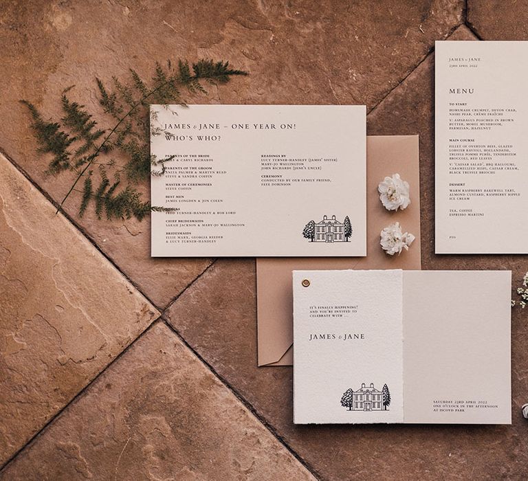 Simple and minimal beige flatlay of wedding stationery for traditional Iscoyd Park country house wedding 